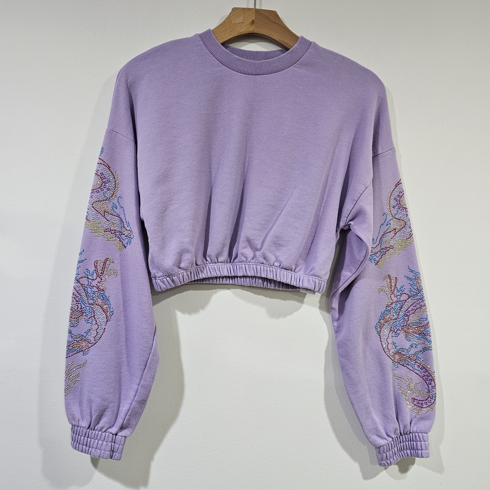 Bershka Lavender Dragon Embellished Women's Cropped Sweatshirt Size XS